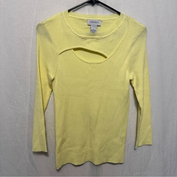 Carmen Marc Valvo Ribbed Sweater Womens Size Large Keyhole Front Yellow - Picture 2 of 7